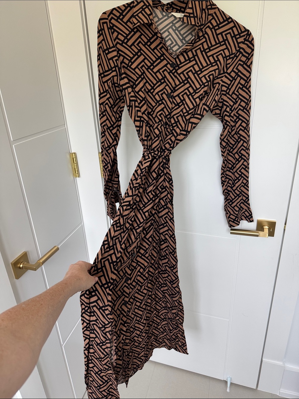 Wrap Dress in Tan and Black Geometric Print for Maternity or Nursing